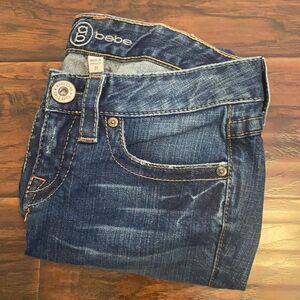 Y2K Bebe Factory Distressed Blue Embellished Bling Denim Cropped Jeans